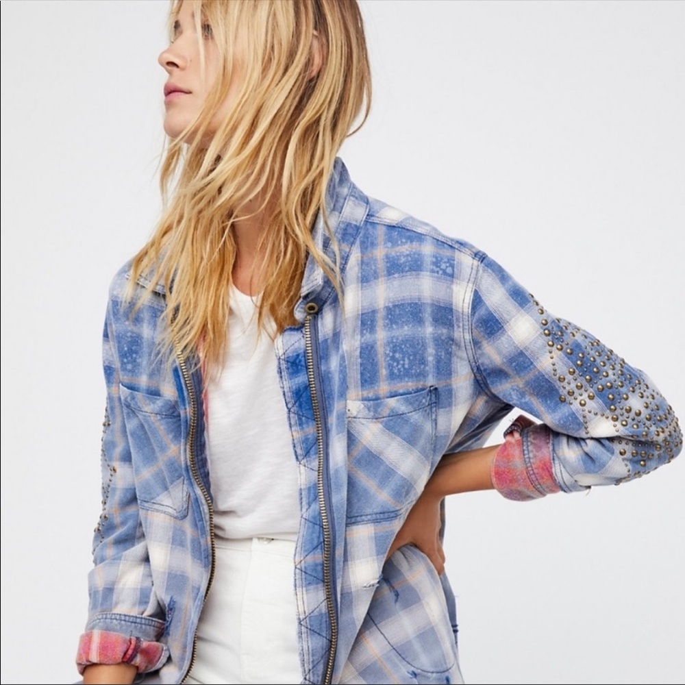 Free People Deconstructed Studded Shirt Flannel Jacket